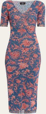 Etro Floral Stretch Tulle Short-Sleeve Midi Dress