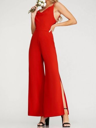 She + Sky Cowl Neck Wide Leg Heavy Knit Jumpsuit In Red