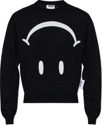 Moschino Smiley Gebreide Trui - Dames - Ronde hals truien - Zwart - L - Wol - Truien & Vesten
