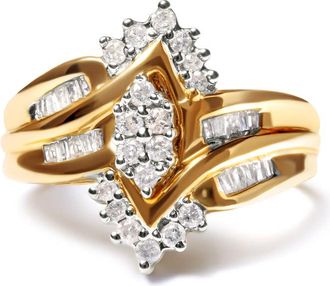 House of Brilliance 10K Two-Toned 1/2 Cttw Round And Baguette-Cut Composite Pear Head Diamond Ring (H-I Color, I2-I3 Clarity)