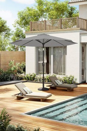 Living and Home Large Solar Powered LED Patio Umbrella for Outdoor Garden Patio with Base in Light Grey