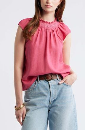 Treasure & Bond Smocked Neck Linen Blend Top in Pink Carmine at Nordstrom, Size Xx-Small