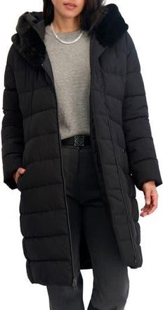 Elie Tahari Vic Belted Longline Coat with Faux Fur Trim Hood in Black at Nordstrom Rack, Size X-Small