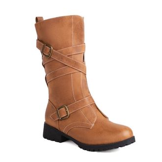 Generic Womens Fashion Buckles Mid Calf Riding Boots Round Toe Low Block Heel Pull On Cowgirl Winter Casual Shoes (5.5,Brown)