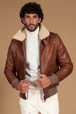 D'Arienzo Giubbotto aviatore in pelle color cuoio effetto vintage collo montone DArienzo, Seleziona Taglia 48, Colore Cuoio