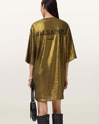 AllSaints Polyester Opal Metallic Logo Dress, Size: XS