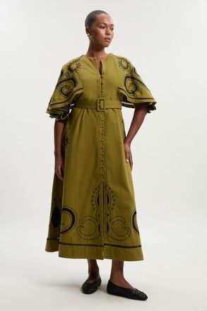 Karen Millen Womens Plus Size Baroque Embroidered Cape Sleeve Twill Woven Maxi Dress - Khaki Cotton - Size 24 UK