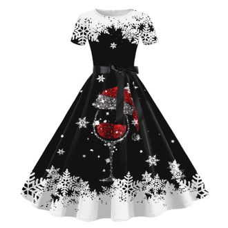 Generic Christmas Dresses Women Funny Xmas Tree Plaid Snowflake Printed 50s 60s A Line Rockabilly Cocktail Dress Short Sleeve High Waist Swing Flowy Dress Xma