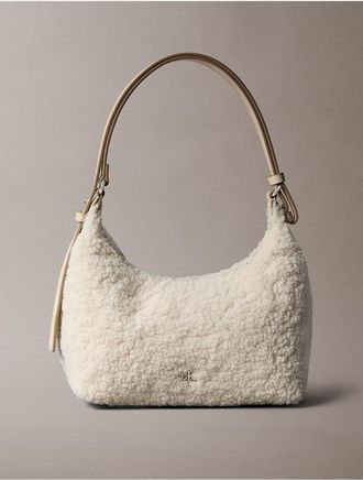 Calvin Klein Womens Monogram Hardware Sherpa Shoulder Bag - White