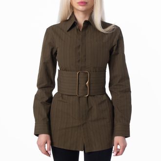 Burberry Pinstriped Cotton-Poplin Belted Shirt, Brand Size 4 ( US Size 2 )