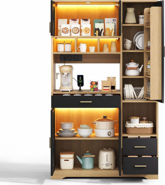 STILVORA Vitrina De Cocina Con 2 Puertas, 1 Caj&oacute;n, Estantes Ajustables, Led Y Enchufes, En Mdf, Negro Y Natural