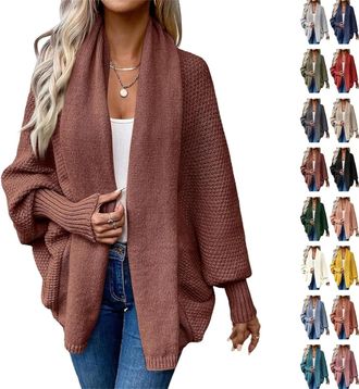 Generic Womens Batwing Cable Knitted Slouchy Oversized Wrap Cardigan Sweaters, Solid Color Casual Fall Sweater (Brown,One Size)