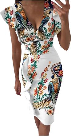 Generic Tunic Dresses for Women UK V Neck - Floral Maxi Dresses for Women UK - Evening Dresses Elegant Summer Dresses Ruffle Body Con Dresses V-Neck Waist Dre