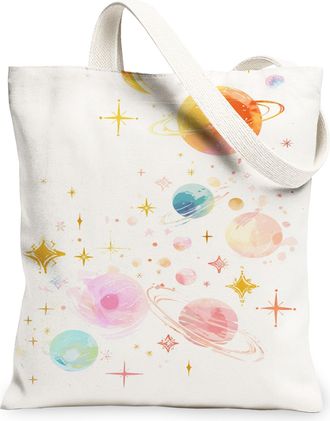 Generic Celestial Planets Canvas Tote Bags, Artistic Galaxy Reusable Grocery Bags, Summer Lightweight Washable Shoulder Strap for T, White, 13x15 Inch