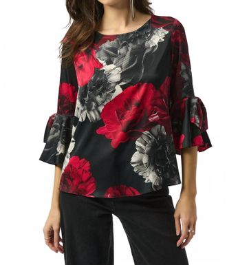 Joseph Ribkoff Floral Print Boat Neck 3/4 Sleeves Top In Black/red