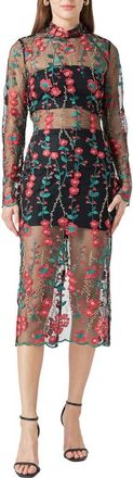 endless rose Floral Embroidered Long Sleeve Midi Dress in Red Multi at Nordstrom, Size X-Small