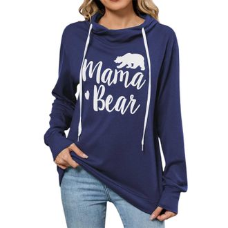 Generic Womens Mama Bear Print Cowl Neck Hooded Sweatshirt Drawstring Pullover Top