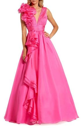 Mac Duggal Ruffle Shoulder V-Neck Chiffon Gown in Hot Pink at Nordstrom, Size 10
