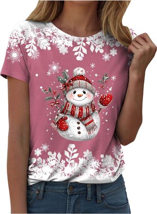 Generic Christmas T Shirt For Women Funny Christmas Shirt Xmas Motif Print Tops Crew Neck Short Sleeve Tee Top Merry Snowflake Print T Shirts Basic All Match 