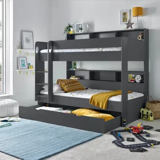 Bedmaster Olly Storage Bunk Bed With Drawer With Pocket Mattresses in Dark Grey | Size: Single