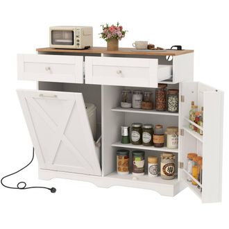 Costway Costway Tilt Out Trash Can Cabinet Garbage Cabinet w/ Outlets & 2 Drawers in White
