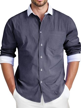 Feoya Mens Striped Shirt Long Sleeve Formal Business Work Casual Button Down Shirts Regular Fit Black M