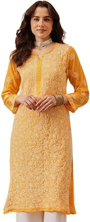 ADA Womens Georgette Kurta Kurti Hand Embroidered Indian Chikankari Ladies Tunic Dress A100288, 2XL, Yellow