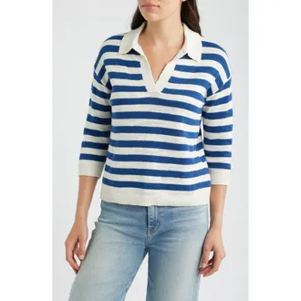Seasalt Cornwall Gwynver Stripe Johnny Collar Sweater in Knit Cornish Dark Voyage Chalk at Nordstrom, Size 12