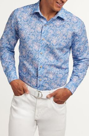 David Donahue Paisley Long Sleeve Linen & Pima Cotton Button-Up Shirt in Navy/Pink at Nordstrom, Size Xx-Large