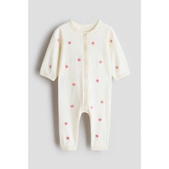 H&M Cotton-knit Romper Suit in Cream/strawberries at Nordstrom, Size Newborn
