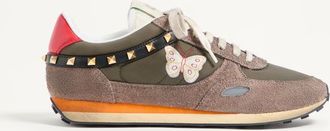 Valentino Garavani Stud Up Trainer In Split Leather And Nylon With Butterfly Embroidery Man OLIVE GREEN/MULTICOLOUR 40.5