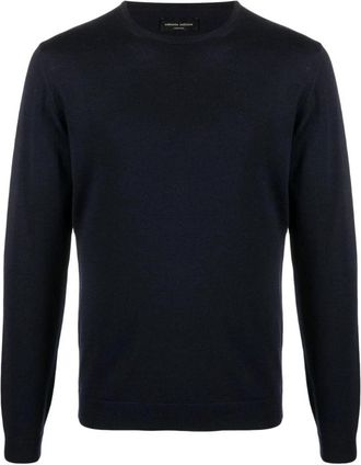 Roberto Collina Navy Gebreide Kleding voor Mannen - Heren - Ronde hals truien - Blauw - 2XL - Wol - Truien & Vesten