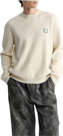 Maison Kitsun&eacute; Fox Head Milano Lamswol Trui - Heren - Ronde hals truien - Beige - M - Wol - Truien & Vesten