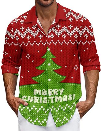 Generic Funny Christmas Shirts for Men, Humorous Long Sleeve Xmas Party Shirt with Santa, Snowman, Reindeer and Wine Glass Prints, Trendy Christmas Shirts for