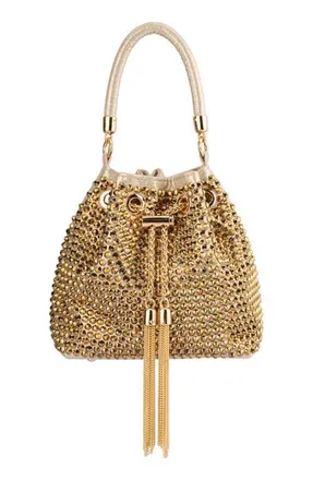 Olga Berg Santorini Studded Hotfix Drawstring Top Handle Bag in Gold at Nordstrom
