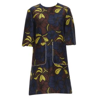 Marni floral print wool silk crepe patch pocket boxy A-line dress