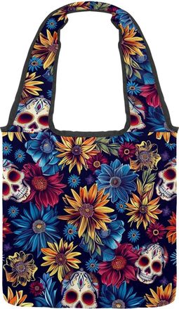 Generic Sugar Skull Flower Reversible Canvas Shoulder Tote - Double-Sided Print, 12oz Cotton, 27cm Drop, Fold-Flat Bag for Travel, Shopping, Street Outings