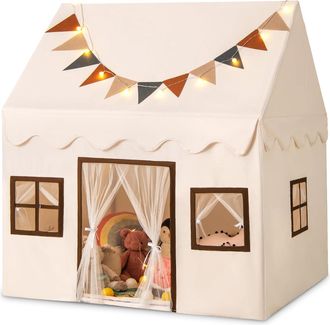 Costway Costway Tenda Da Gioco Per Bambini, Casetta Da Gioco Con Tappetino Antiscivolo Imbottito Bandierine Luci 3 Finestre, Per Bambini 3-14 Anni, 123 X 107 