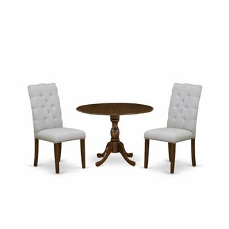 East West Furniture DMEL3-AWA-05 3 Piece Dinette Sets Contains 1 Drop Leaves Modern Kitchen Table and 2 Grey Linen Fabric Parsons Chair Button Tufted Back with Nail Heads