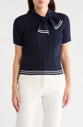 Nanette Lepore Tie Neck Short Sleeve Cable Knit Sweater in Navy at Nordstrom Rack, Size X-Large
