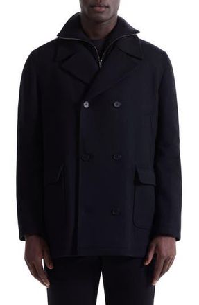 Bugatchi Leather Trim Wool Blend Tweed Peacoat in Black at Nordstrom Rack, Size Medium