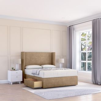 Sloomy Devonshire Naples Wingback Bed Set, 2 Drawers & 54 Floor Standing Headboard in Light Brown | Size: Double