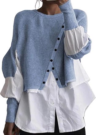 Generic Jumpers Women Womens Autumn and Winter New Layered Pullover Spliced Two Knitted Sweater Shirt Christmas Jumpers for Women UK Funny Deals Daily Essenti