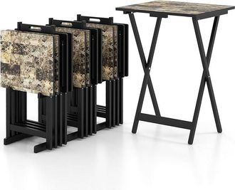 Costway Set di 4 Tavolini Pieghevoli, Tavolio da Giardino in Legno, Maniglia per il Trasporto, Tavolino Laterale Portatile per Giardino Balcone Soggiorno