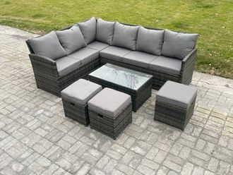 Fimous Rattan Lounge Corner Sofa Set Wicker PE Outdoor Garden Furniture Set with Rectangular Coffee Table 3 Small Footstools in Dark Grey
