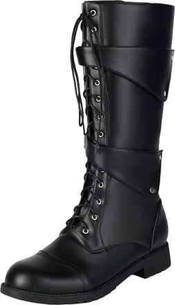 Generic Mens Retro Riding Boots Round Toe Med Heel With Zipper And Lace Up Rivets Metal Decoration Casual Knight Boots