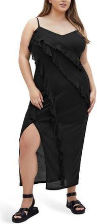 City Chic Shelby Ruffle Maxi Slipdress in Black at Nordstrom Rack, Size Xs/14W