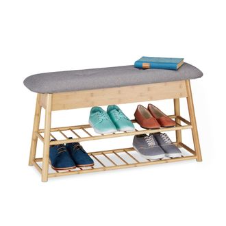 Relaxdays Relaxdays - Banco Zapatero Recibidor, Organizador 8 Pares Zapatos, 2 Baldas, Asiento Con Ba&uacute;l, Bamb&uacute;, 48x90x28 Cm, Natural