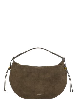 Coccinelle Large Brown Suede Leather Shoulder Bag with Side Laces and Embossed Logo