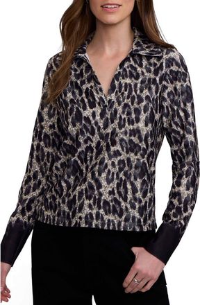 Foxcroft Talia Cheetah Print Crepe Knit Long Sleeve Polo in Black/multi at Nordstrom, Size X-Small
